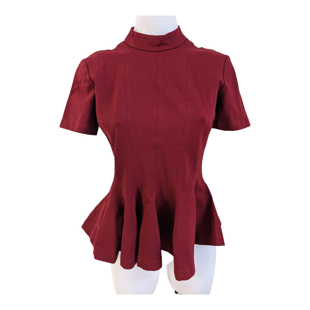 Tome NYC Size 8 Flared Hem Top Blouse Shirt Maroon High Neck Short Sleeves